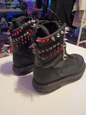 Men's "Apocalypse Yesterday" Black Spiked Combat Boots with Red & White Accents